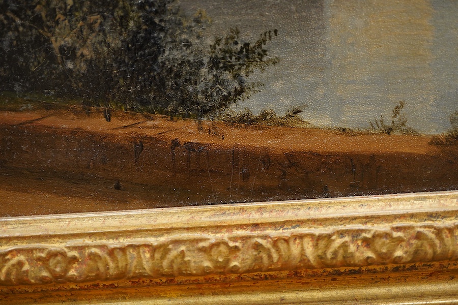 Continental School, Lakeside view with villas, unsigned, oil on board, 30 x 43cm, ornate gilt frame